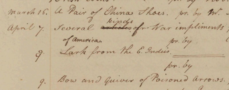 Peale Museum Accessions Book, 8 April 1808