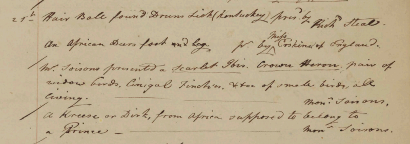 Peale Museum Accessions Book, 21 May 1805.