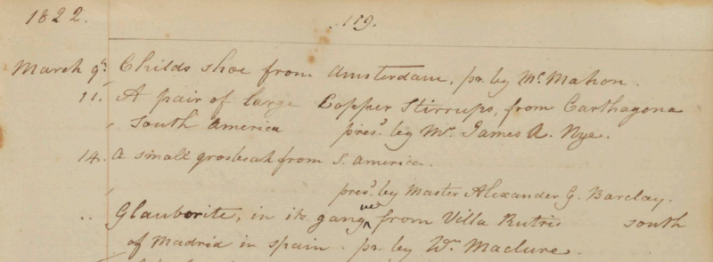 Peale Museum Accessions Book, 14 March 1822